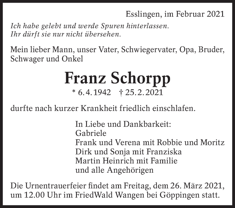  Traueranzeige für Franz Schorpp vom 27.02.2021 aus Eßlinger Zeitung/Cannstatter Zeitung
