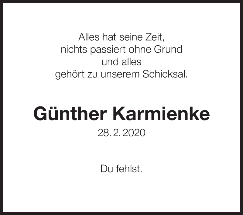  Traueranzeige für Günther Karmienke vom 27.02.2021 aus Eßlinger Zeitung/Cannstatter Zeitung