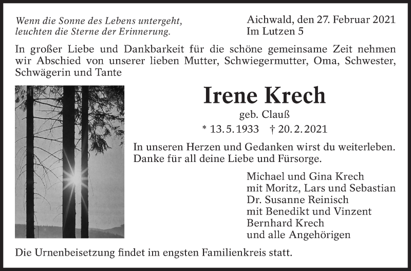  Traueranzeige für Irene Krech vom 27.02.2021 aus Eßlinger Zeitung/Cannstatter Zeitung