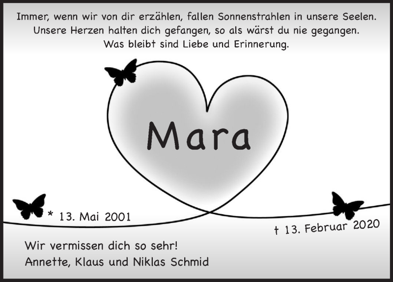  Traueranzeige für Mara Schmid vom 13.02.2021 aus Eßlinger Zeitung/Cannstatter Zeitung