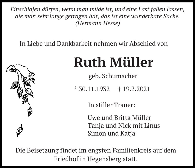  Traueranzeige für Ruth Müller vom 24.02.2021 aus Eßlinger Zeitung/Cannstatter Zeitung