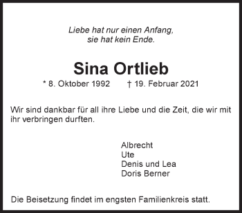 Traueranzeige von Sina Ortlieb von Eßlinger Zeitung/Cannstatter Zeitung
