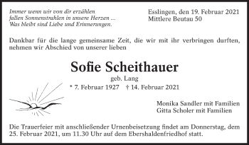 Traueranzeige von Sofie Scheithauer von Eßlinger Zeitung/Cannstatter Zeitung