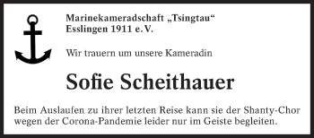 Traueranzeige von Sofie Scheithauer von Eßlinger Zeitung/Cannstatter Zeitung