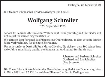 Traueranzeige von Wolfgang Schreiter von Eßlinger Zeitung/Cannstatter Zeitung