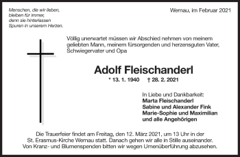 Traueranzeige von Adolf Fleischanderl von Eßlinger Zeitung/Cannstatter Zeitung