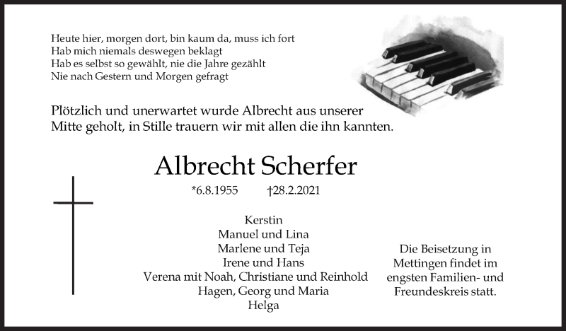  Traueranzeige für Albrecht Scherfer vom 06.03.2021 aus Eßlinger Zeitung/Cannstatter Zeitung