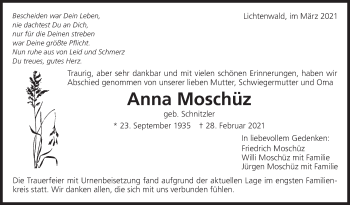 Traueranzeige von Anna Moschüz von Eßlinger Zeitung/Cannstatter Zeitung