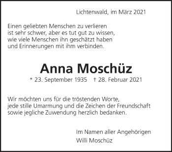 Traueranzeige von Anna Moschüz von Eßlinger Zeitung/Cannstatter Zeitung