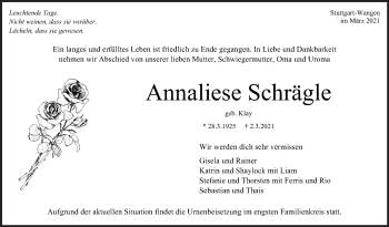 Traueranzeige von Annaliese Schrägle von Eßlinger Zeitung/Cannstatter Zeitung