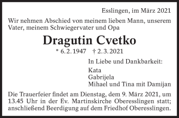 Traueranzeige von Dragutin Cvetko von Eßlinger Zeitung/Cannstatter Zeitung