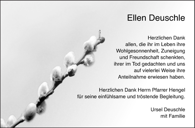  Traueranzeige für Ellen Deuschle vom 20.03.2021 aus Eßlinger Zeitung/Cannstatter Zeitung