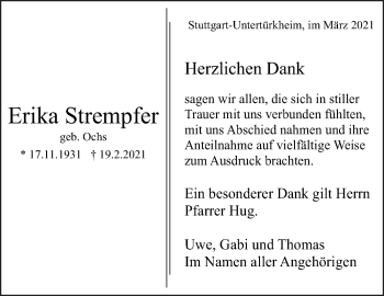 Traueranzeige von Erika Strempfer von Eßlinger Zeitung/Cannstatter Zeitung