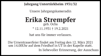 Traueranzeige von Erika Strempfer von Eßlinger Zeitung/Cannstatter Zeitung