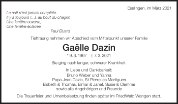 Traueranzeige von Gaelle Dazin von Eßlinger Zeitung/Cannstatter Zeitung
