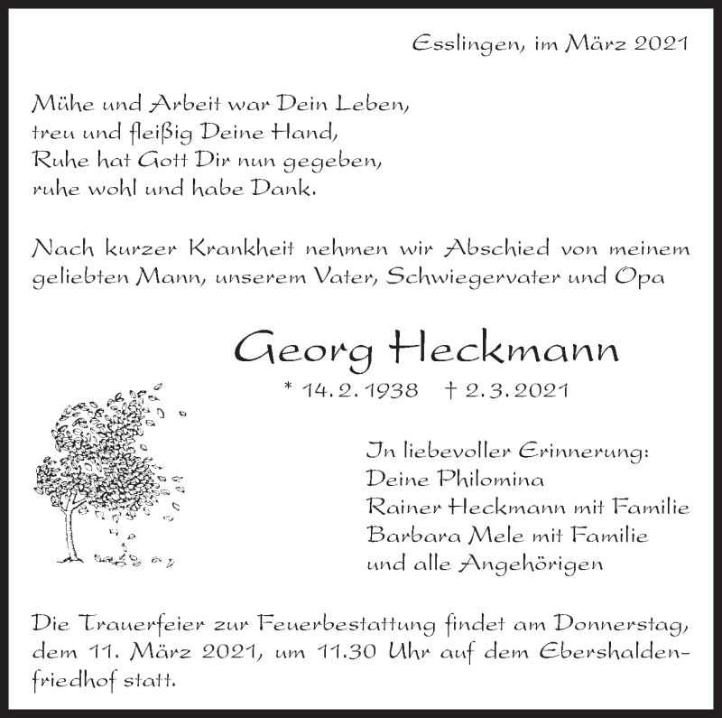  Traueranzeige für Georg Heckmann vom 06.03.2021 aus Eßlinger Zeitung/Cannstatter Zeitung