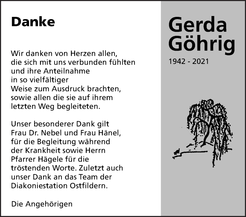  Traueranzeige für Gerda Göhrig vom 20.03.2021 aus Eßlinger Zeitung/Cannstatter Zeitung