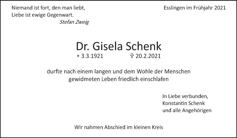  Traueranzeige für Gisela Schenk vom 12.03.2021 aus Eßlinger Zeitung/Cannstatter Zeitung