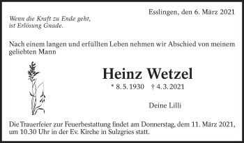 Traueranzeige von Heinz Wetzel von Eßlinger Zeitung/Cannstatter Zeitung