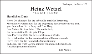 Traueranzeige von Heinz Wetzel von Eßlinger Zeitung/Cannstatter Zeitung
