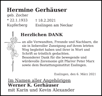 Traueranzeige von Hermine Gerhäuser von Eßlinger Zeitung/Cannstatter Zeitung