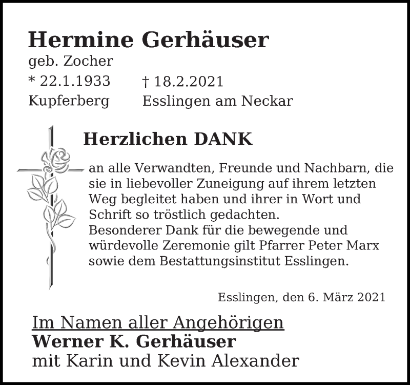  Traueranzeige für Hermine Gerhäuser vom 06.03.2021 aus Eßlinger Zeitung/Cannstatter Zeitung