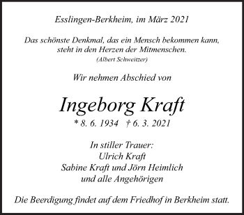 Traueranzeige von Ingeborg Kraft von Eßlinger Zeitung/Cannstatter Zeitung