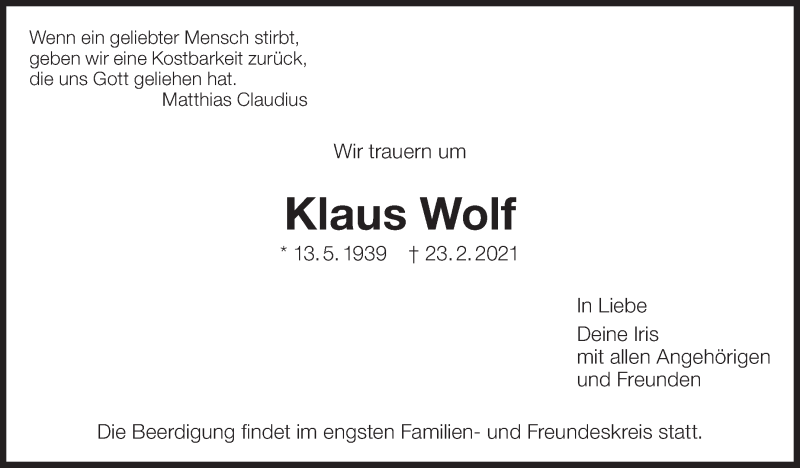  Traueranzeige für Klaus Wolf vom 01.03.2021 aus Eßlinger Zeitung/Cannstatter Zeitung
