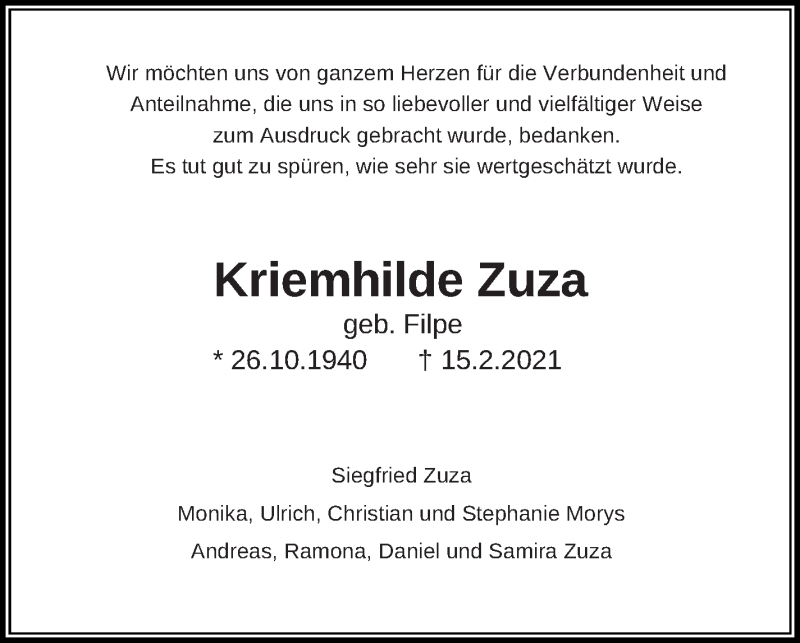  Traueranzeige für Kriemhilde Zuza vom 09.03.2021 aus Eßlinger Zeitung/Cannstatter Zeitung