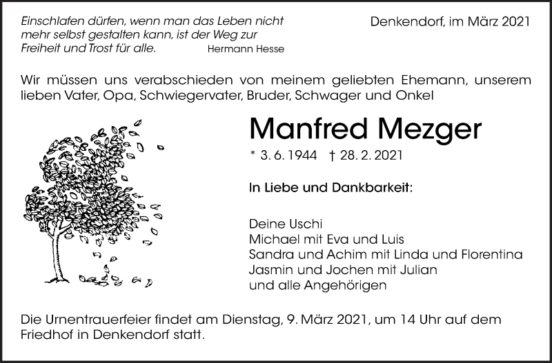  Traueranzeige für Manfred Mezger vom 04.03.2021 aus Eßlinger Zeitung/Cannstatter Zeitung