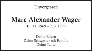 Traueranzeige von Marc Alexander Wager von Eßlinger Zeitung/Cannstatter Zeitung