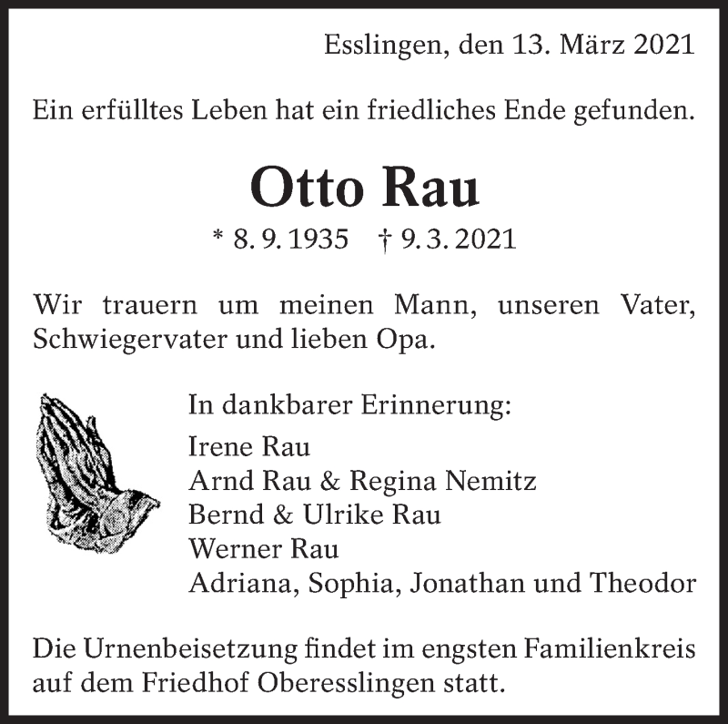  Traueranzeige für Otto Rau vom 13.03.2021 aus Eßlinger Zeitung/Cannstatter Zeitung