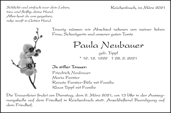 Traueranzeige von Paula Neubauer von Eßlinger Zeitung/Cannstatter Zeitung