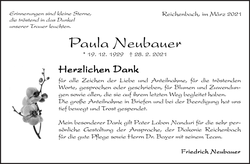  Traueranzeige für Paula Neubauer vom 19.03.2021 aus Eßlinger Zeitung/Cannstatter Zeitung