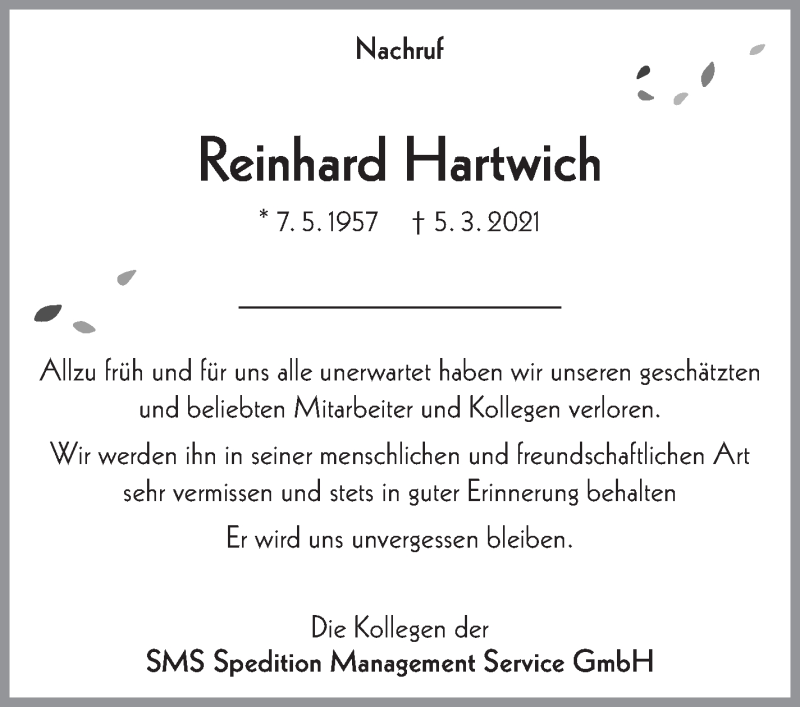  Traueranzeige für Reinhard Hartwich vom 10.03.2021 aus Eßlinger Zeitung/Cannstatter Zeitung