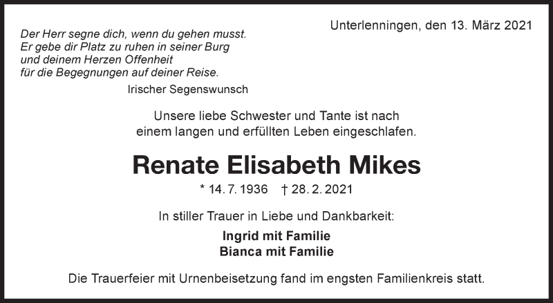  Traueranzeige für Renate Elisabeth Mikes vom 13.03.2021 aus Eßlinger Zeitung/Cannstatter Zeitung