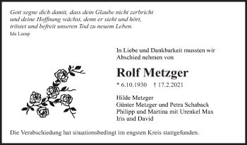 Traueranzeige von Rolf Metzger von Eßlinger Zeitung/Cannstatter Zeitung