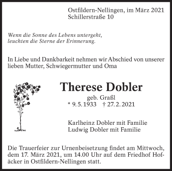 Traueranzeige von Therese Dobler von Eßlinger Zeitung/Cannstatter Zeitung
