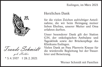 Traueranzeige von Traude Schmidt von Eßlinger Zeitung/Cannstatter Zeitung