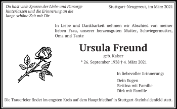 Traueranzeige von Ursula Freund von Eßlinger Zeitung/Cannstatter Zeitung