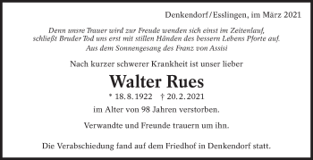 Traueranzeige von Walter Rues von Eßlinger Zeitung/Cannstatter Zeitung