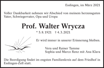 Traueranzeige von Walter Wrycza von Eßlinger Zeitung/Cannstatter Zeitung