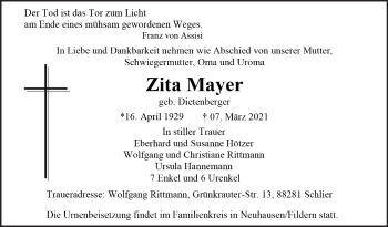 Traueranzeige von Zita Mayer von Eßlinger Zeitung/Cannstatter Zeitung