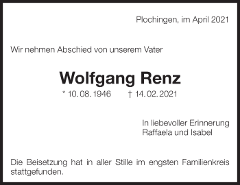 Traueranzeige von Wolfgang Renz von Eßlinger Zeitung/Cannstatter Zeitung