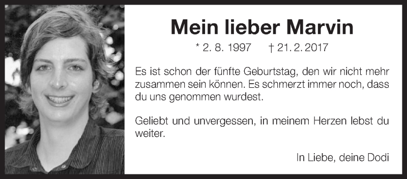  Traueranzeige für Marvin Puchmeier vom 02.08.2021 aus Eßlinger Zeitung/Cannstatter Zeitung