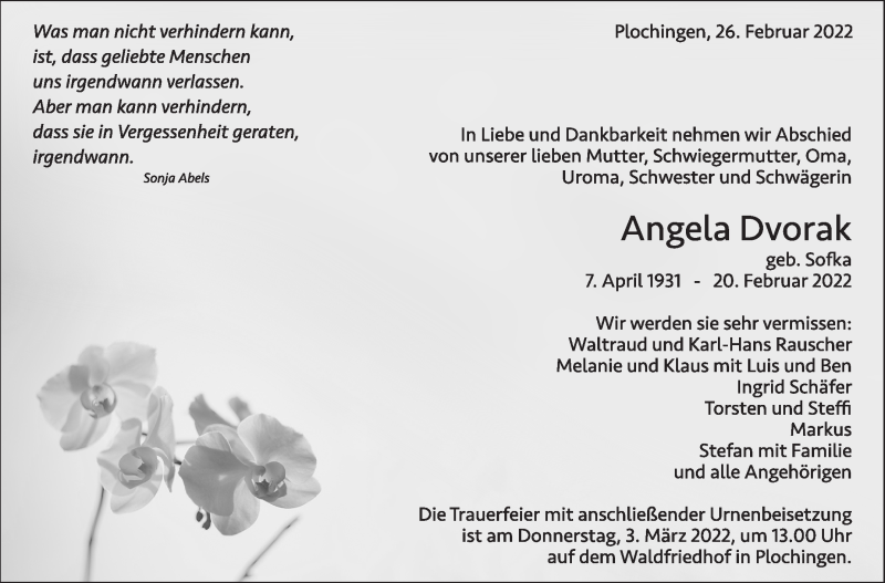 Traueranzeige für Angela Dvorak vom 26.02.2022 aus Eßlinger Zeitung/Cannstatter Zeitung