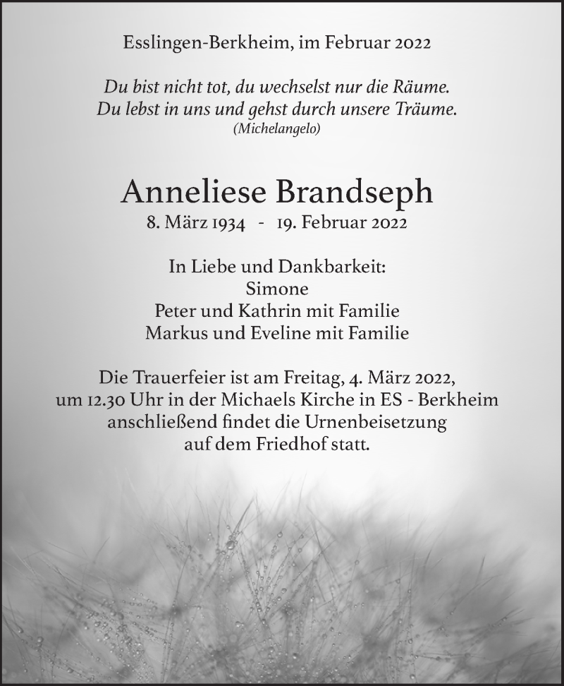  Traueranzeige für Anneliese Brandseph vom 26.02.2022 aus Eßlinger Zeitung/Cannstatter Zeitung