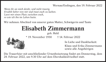 Traueranzeige von Elisabeth Zimmermann von Eßlinger Zeitung/Cannstatter Zeitung