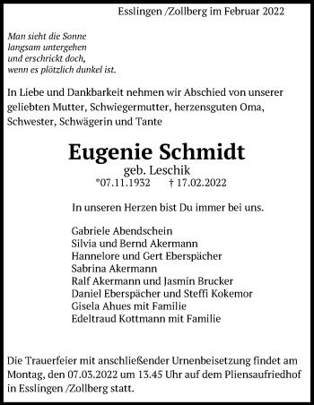 Traueranzeige von Eugenie Schmidt von Eßlinger Zeitung/Cannstatter Zeitung