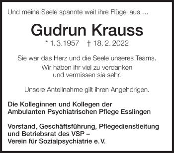 Traueranzeige von Gudrun Krauss von Eßlinger Zeitung/Cannstatter Zeitung
